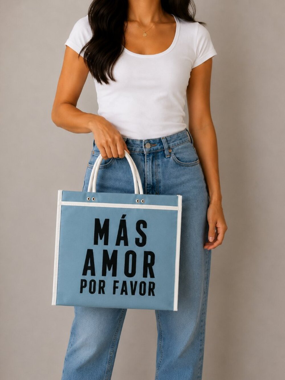 Mexican Tote Bag "Mas Amor Por Favor" - Light Blue